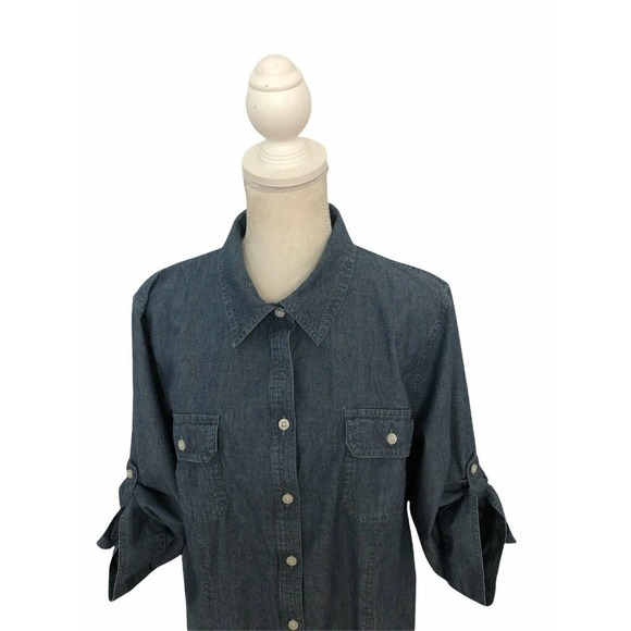 Croft & Barrow Woman XL Chambray Blue Button Down 2 Pockets Front 3/4 Sleeve - Picture 7 of 8